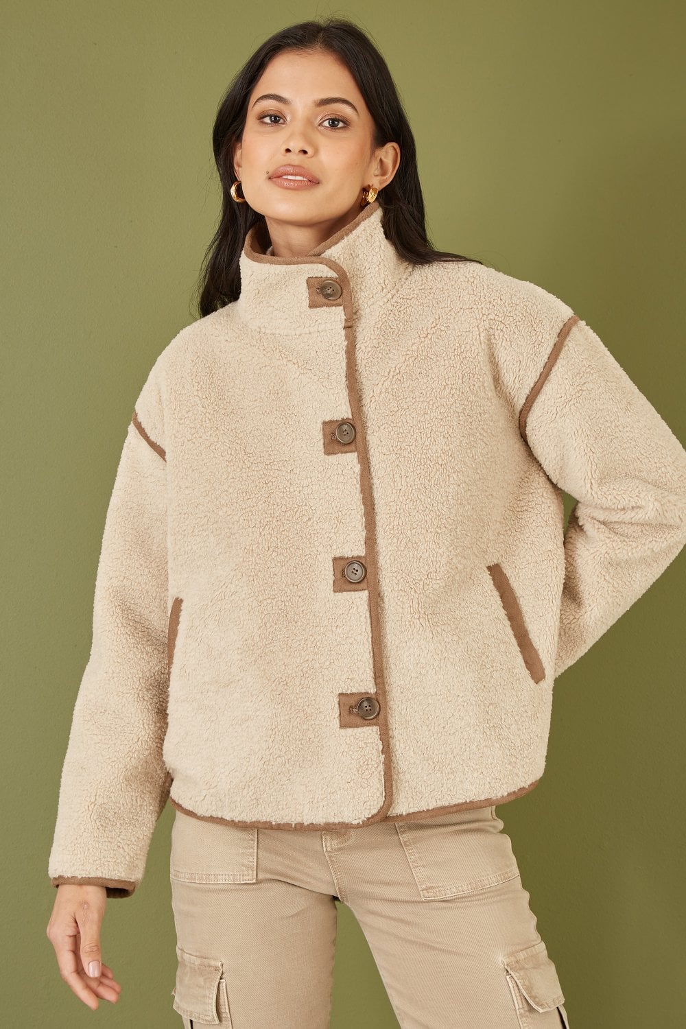 Yumi Cream Borg High Neck Jacket With Faux Leather Trims Yumi