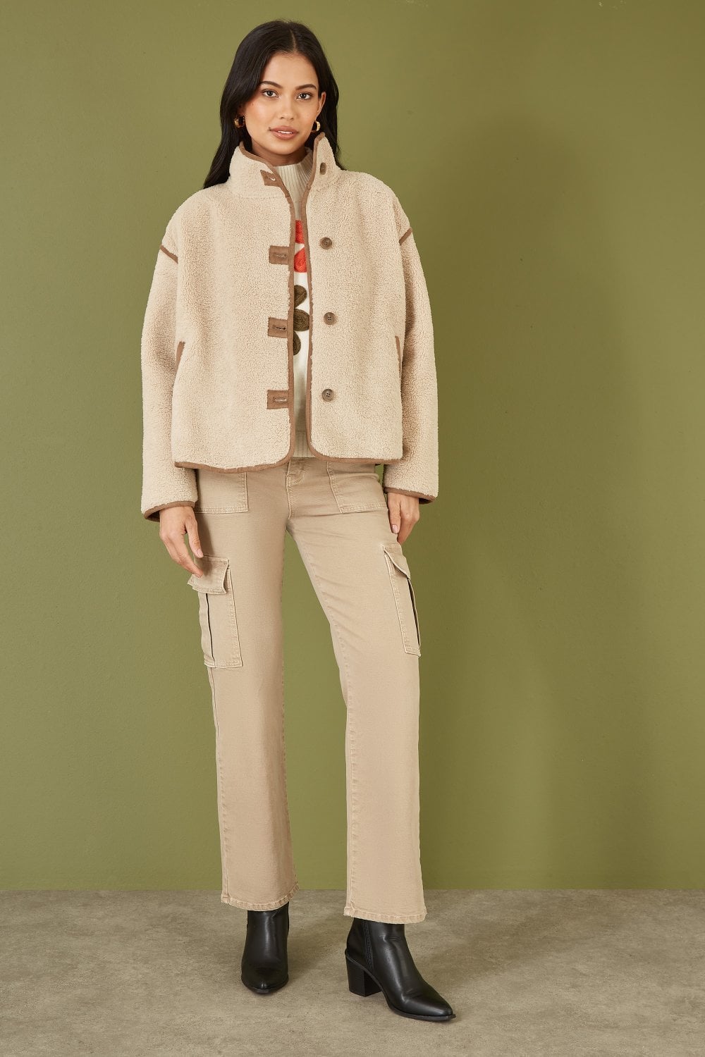 Yumi Cream Borg High Neck Jacket With Faux Leather Trims Yumi