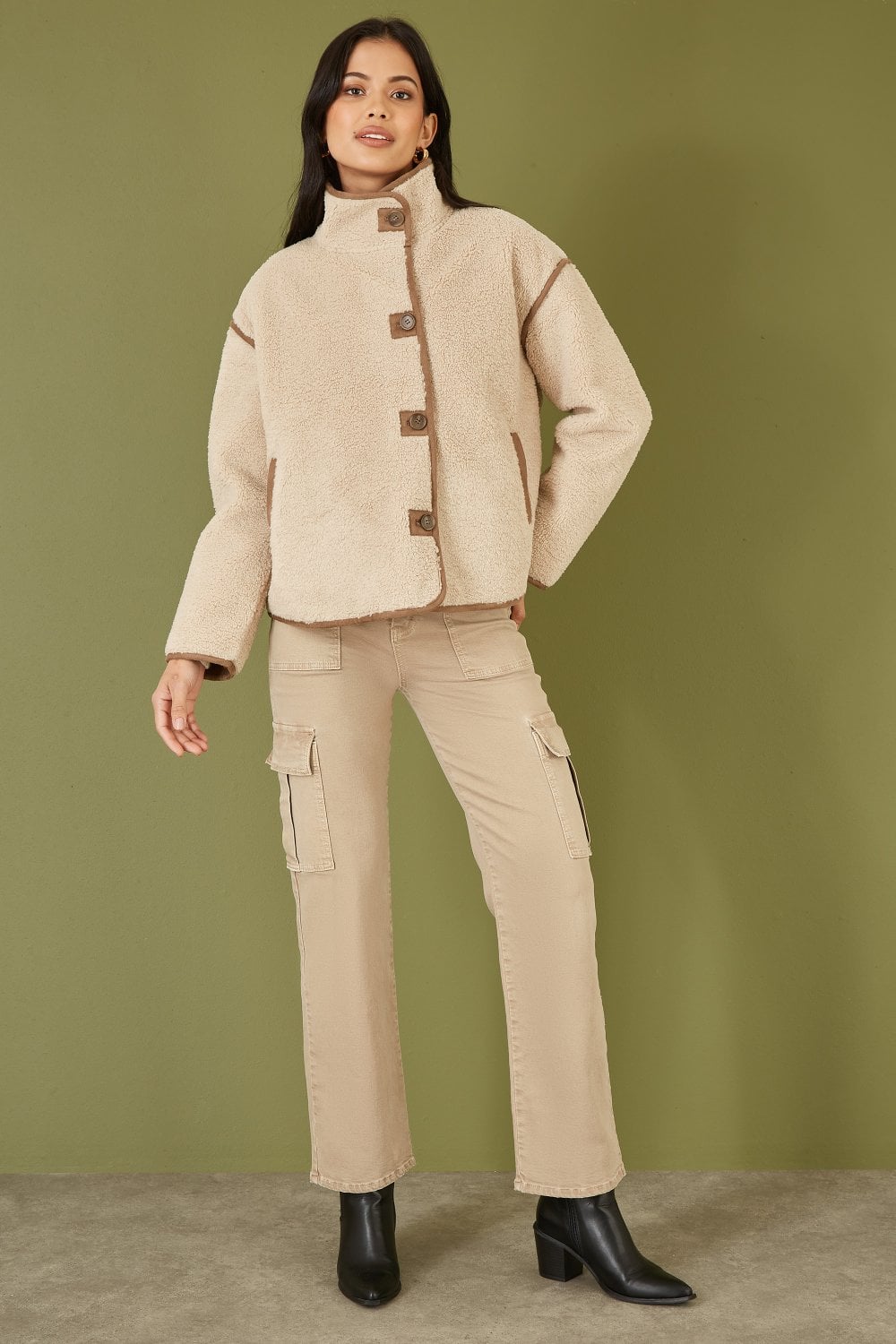 Yumi Cream Borg High Neck Jacket With Faux Leather Trims Yumi