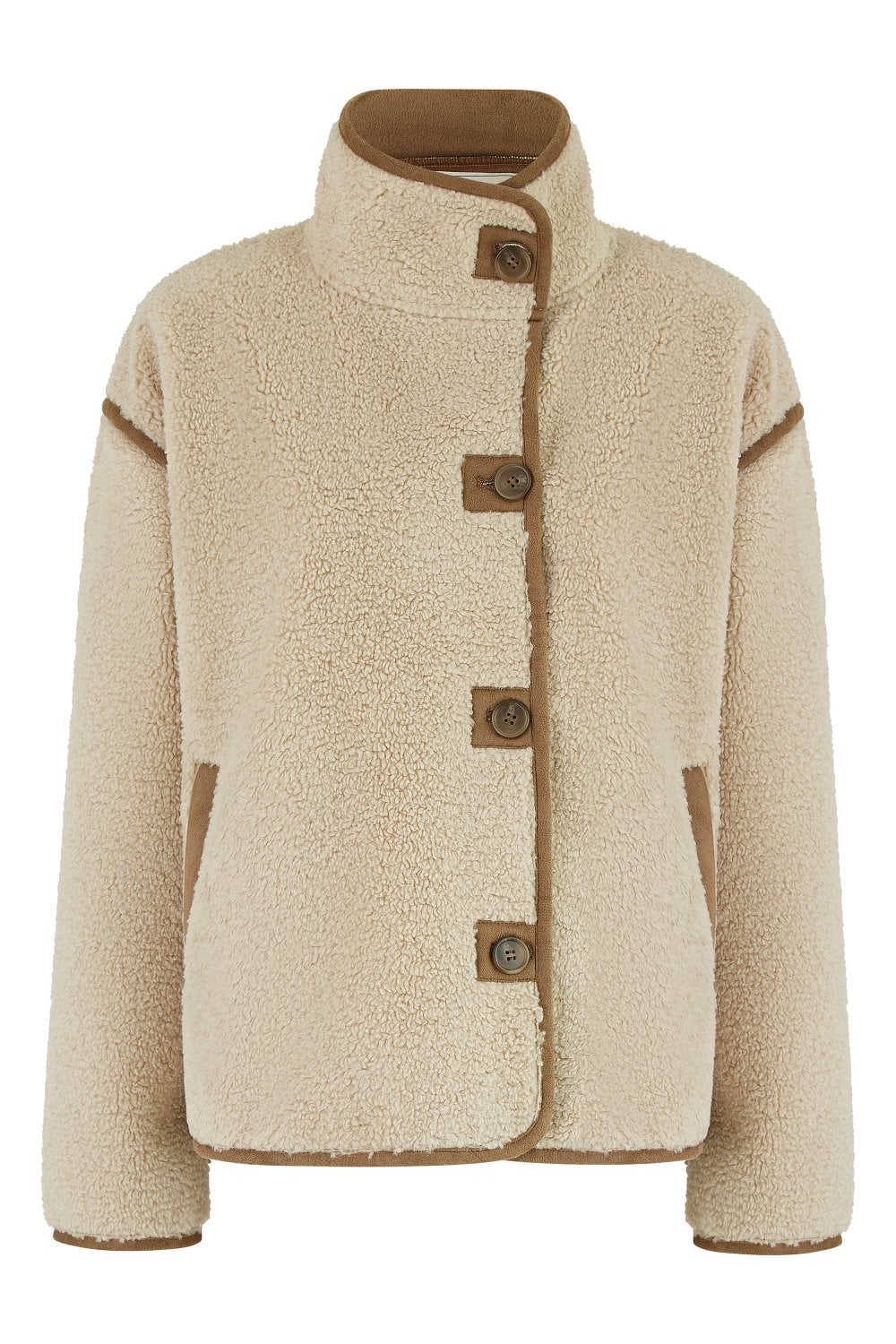 Yumi Cream Borg High Neck Jacket With Faux Leather Trims Yumi