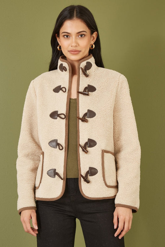 Yumi Cream Borg Jacket With Faux Leather Button Details Yumi