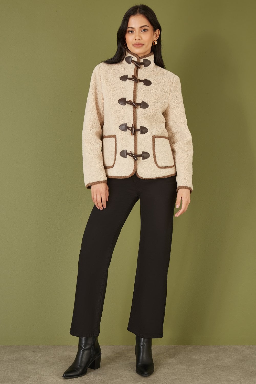 Yumi Cream Borg Jacket With Faux Leather Button Details Yumi