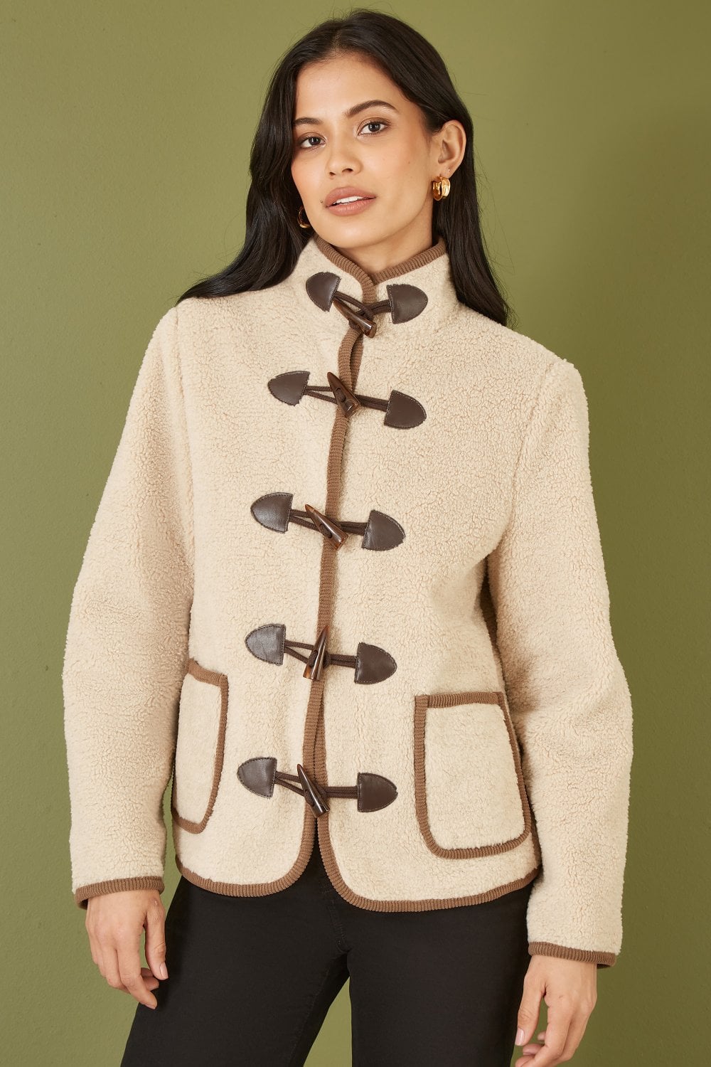 Yumi Cream Borg Jacket With Faux Leather Button Details Yumi