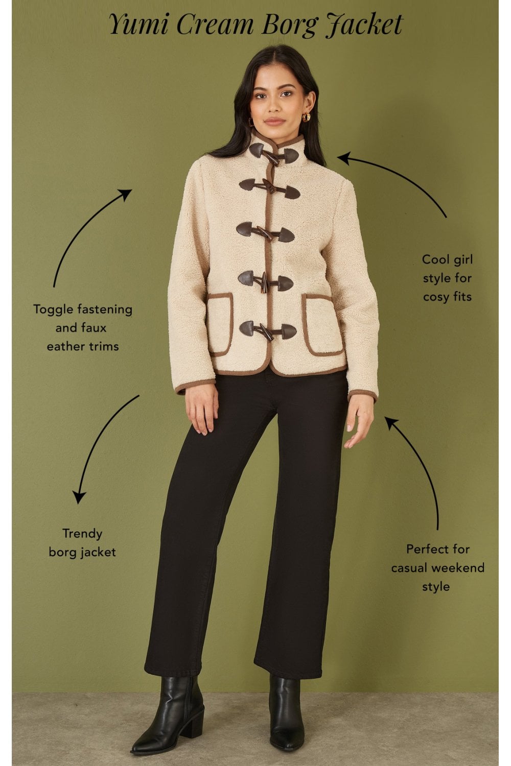 Yumi Cream Borg Jacket With Faux Leather Button Details Yumi