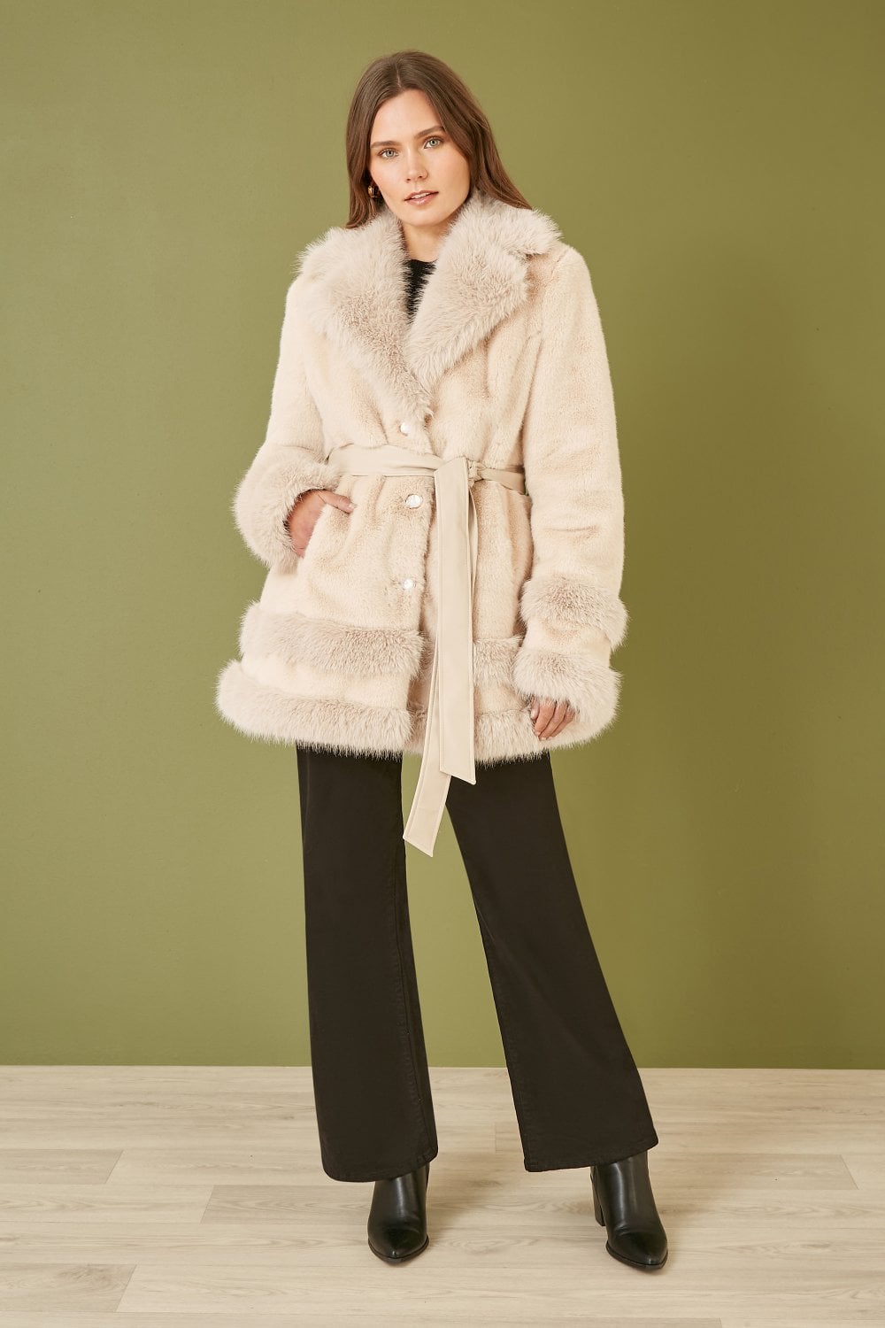 Yumi Cream Luxe Faux Fur Swing Coat With Tie Belt Yumi