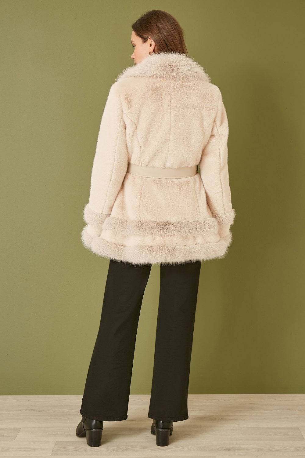 Yumi Cream Luxe Faux Fur Swing Coat With Tie Belt Yumi