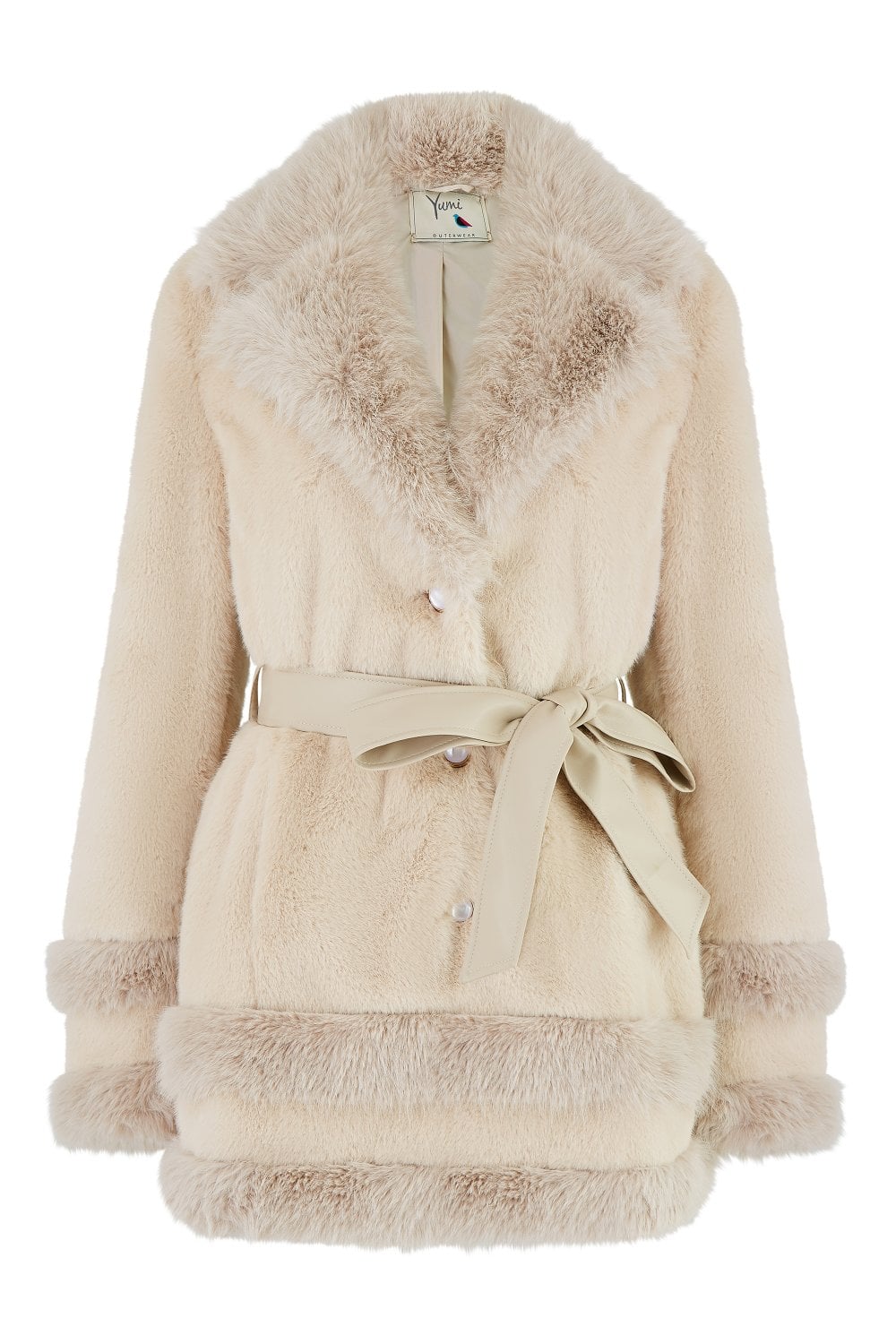 Yumi Cream Luxe Faux Fur Swing Coat With Tie Belt Yumi