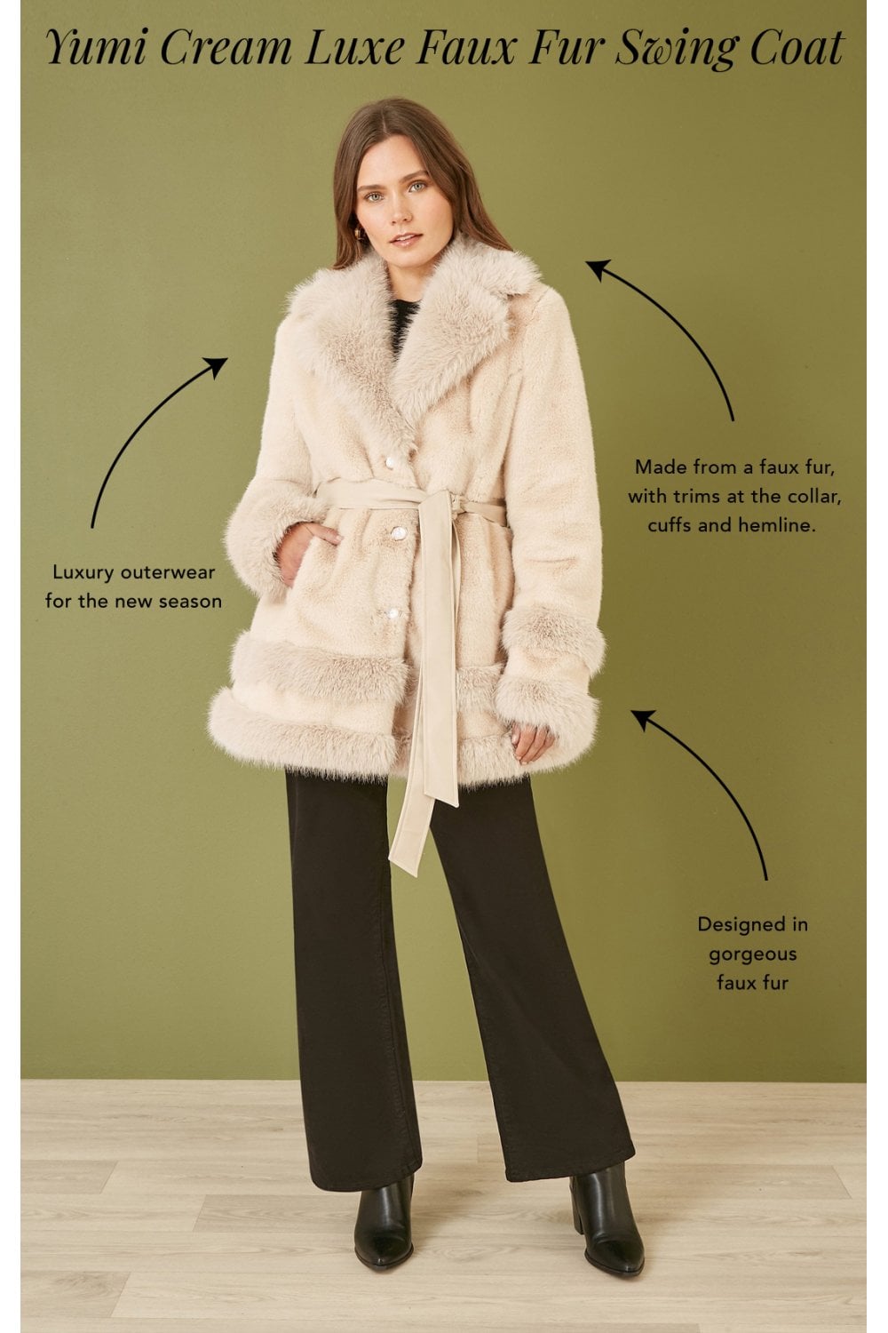 Yumi Cream Luxe Faux Fur Swing Coat With Tie Belt Yumi