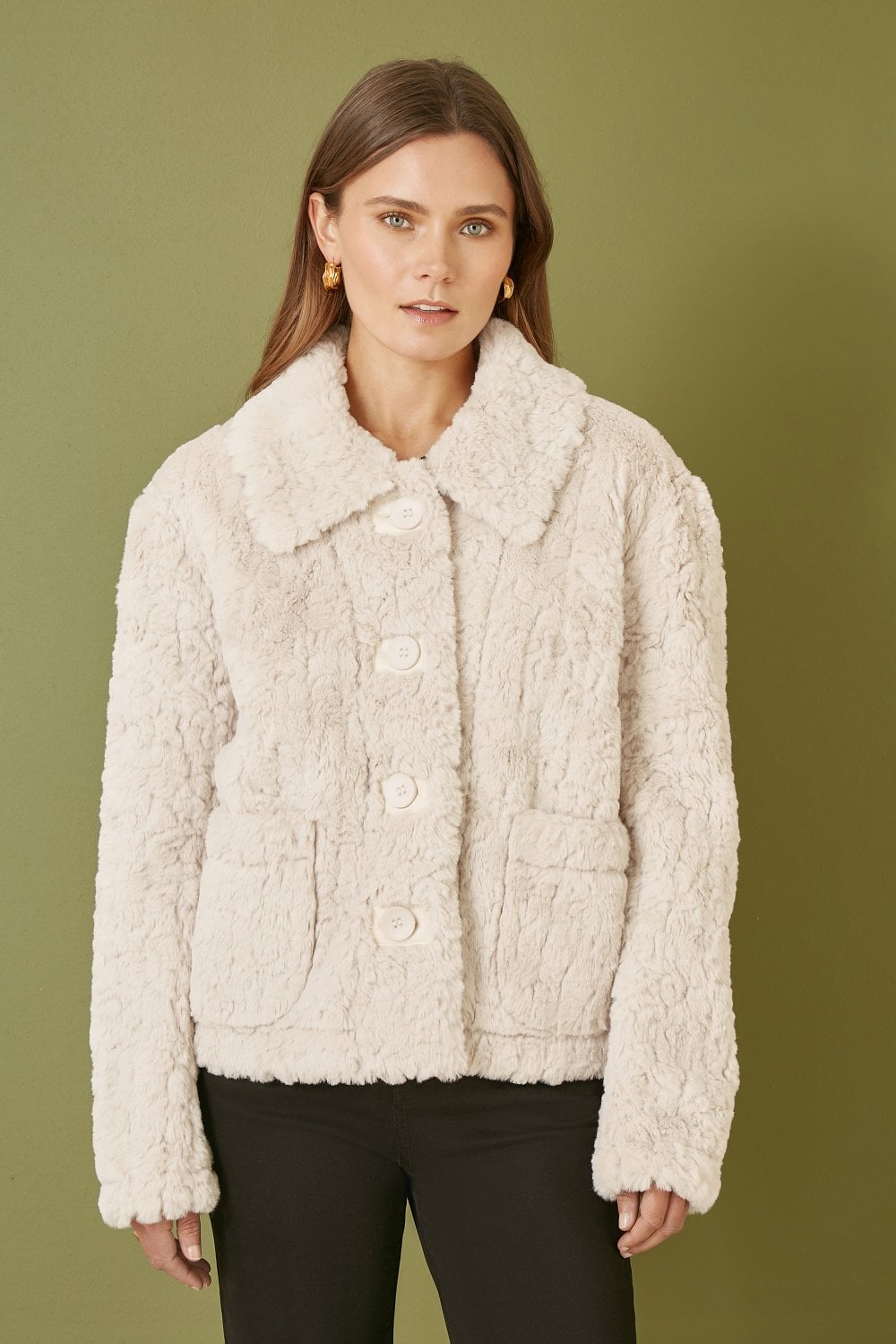 Yumi Cream Luxe Textured Faux Fur Jacket With Pockets Yumi