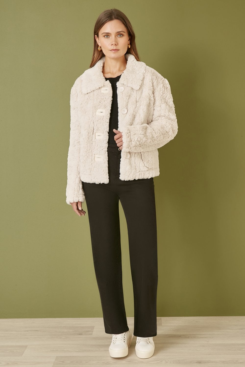 Yumi Cream Luxe Textured Faux Fur Jacket With Pockets Yumi