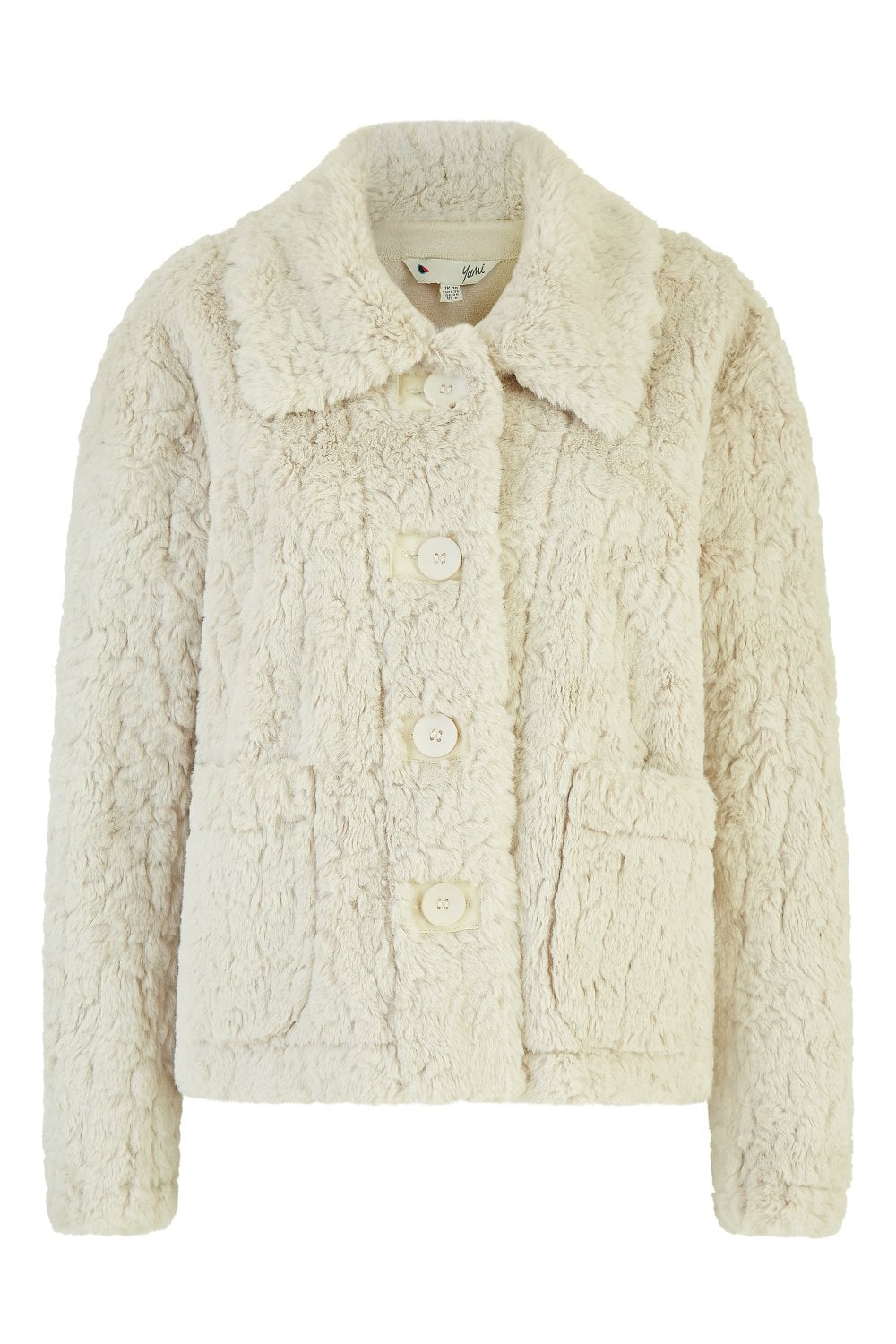 Yumi Cream Luxe Textured Faux Fur Jacket With Pockets Yumi