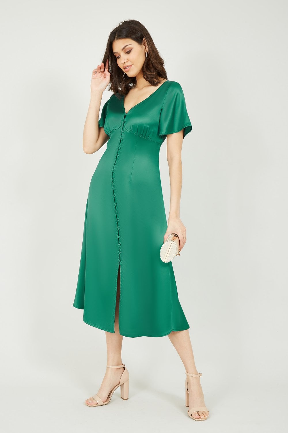 Yumi Emerald Green Satin Button Down Midi Dress Yumi