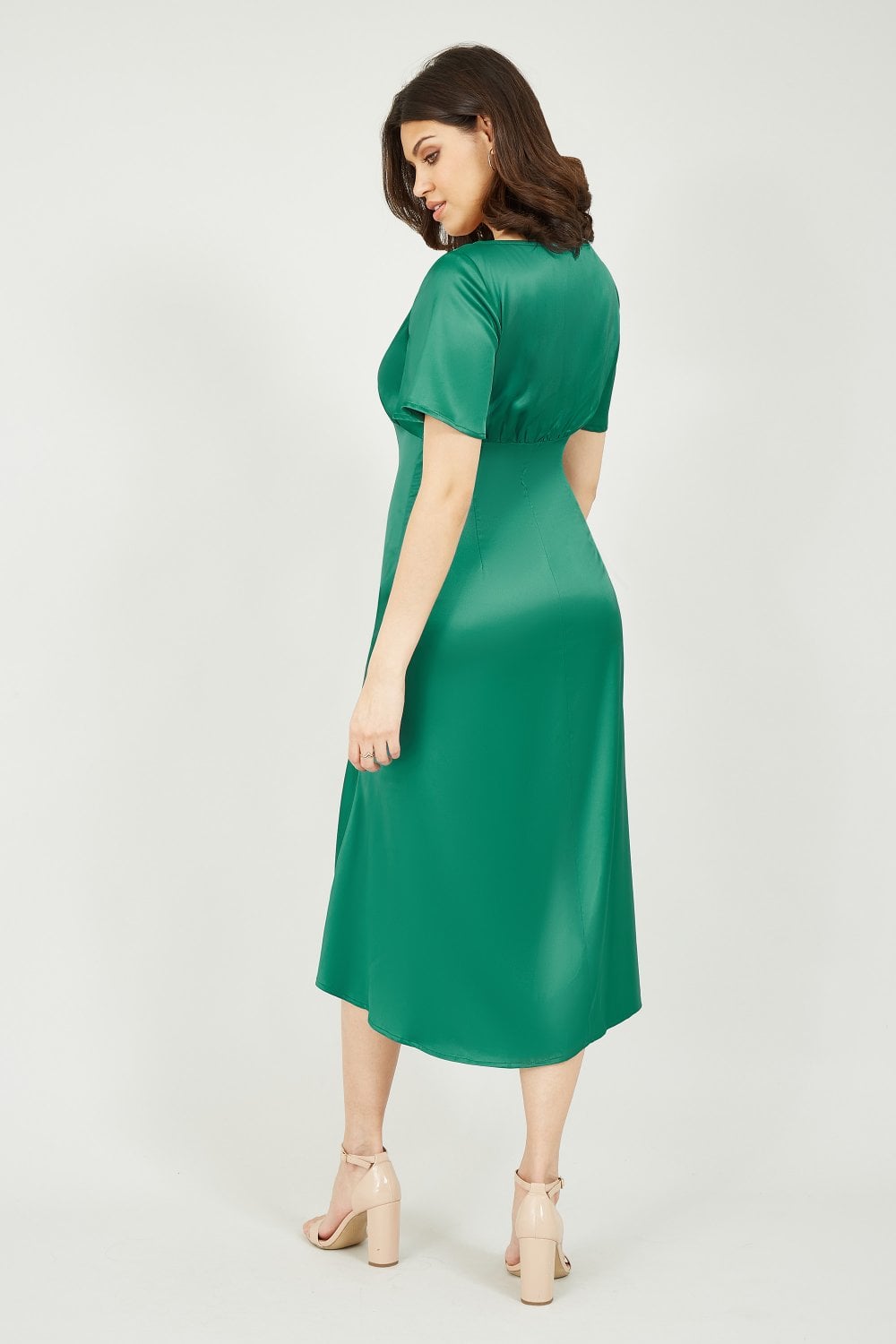 Yumi Emerald Green Satin Button Down Midi Dress Yumi