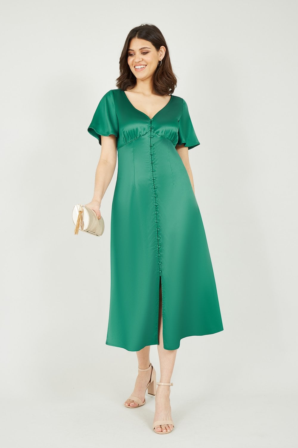 Yumi Emerald Green Satin Button Down Midi Dress Yumi