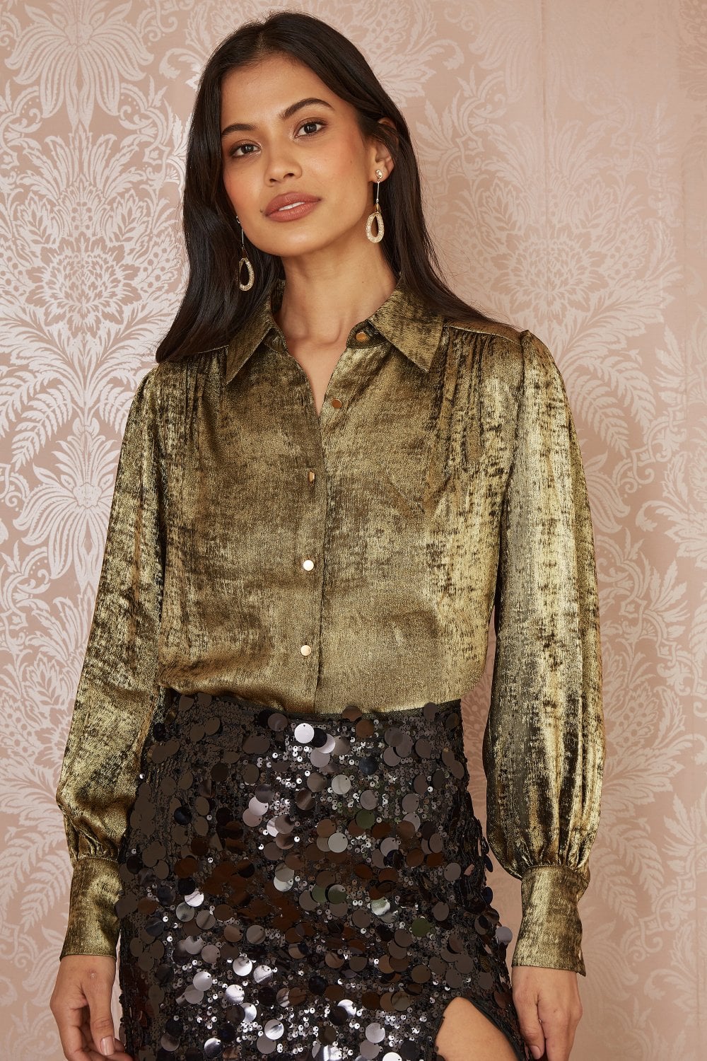 Yumi Gold Metallic Relaxed Balloon Sleeve Shirt Yumi