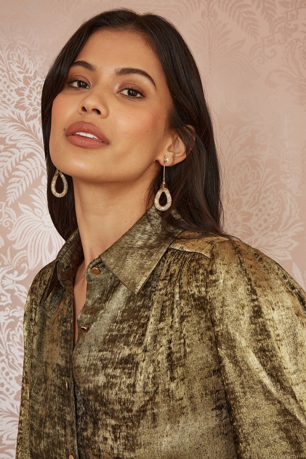 Yumi Gold Metallic Relaxed Balloon Sleeve Shirt Yumi