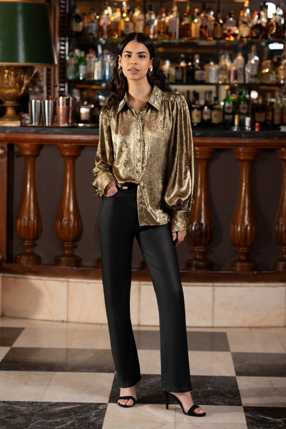 Yumi Gold Metallic Relaxed Balloon Sleeve Shirt Yumi