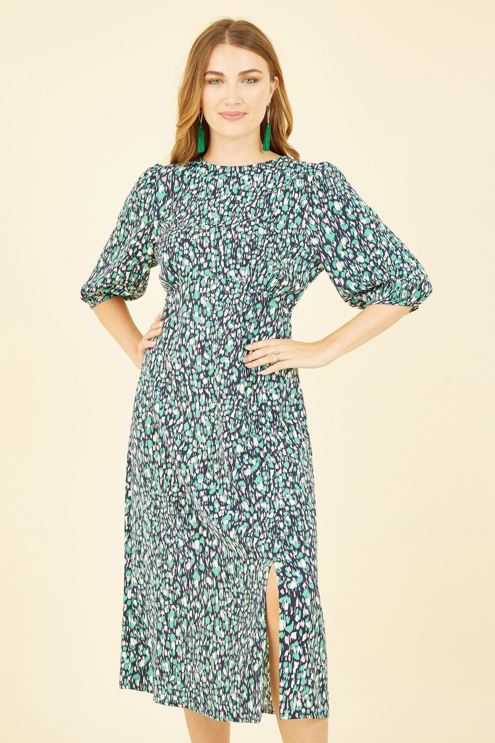 Yumi Green Abstract Animal Print Midi Dress Yumi