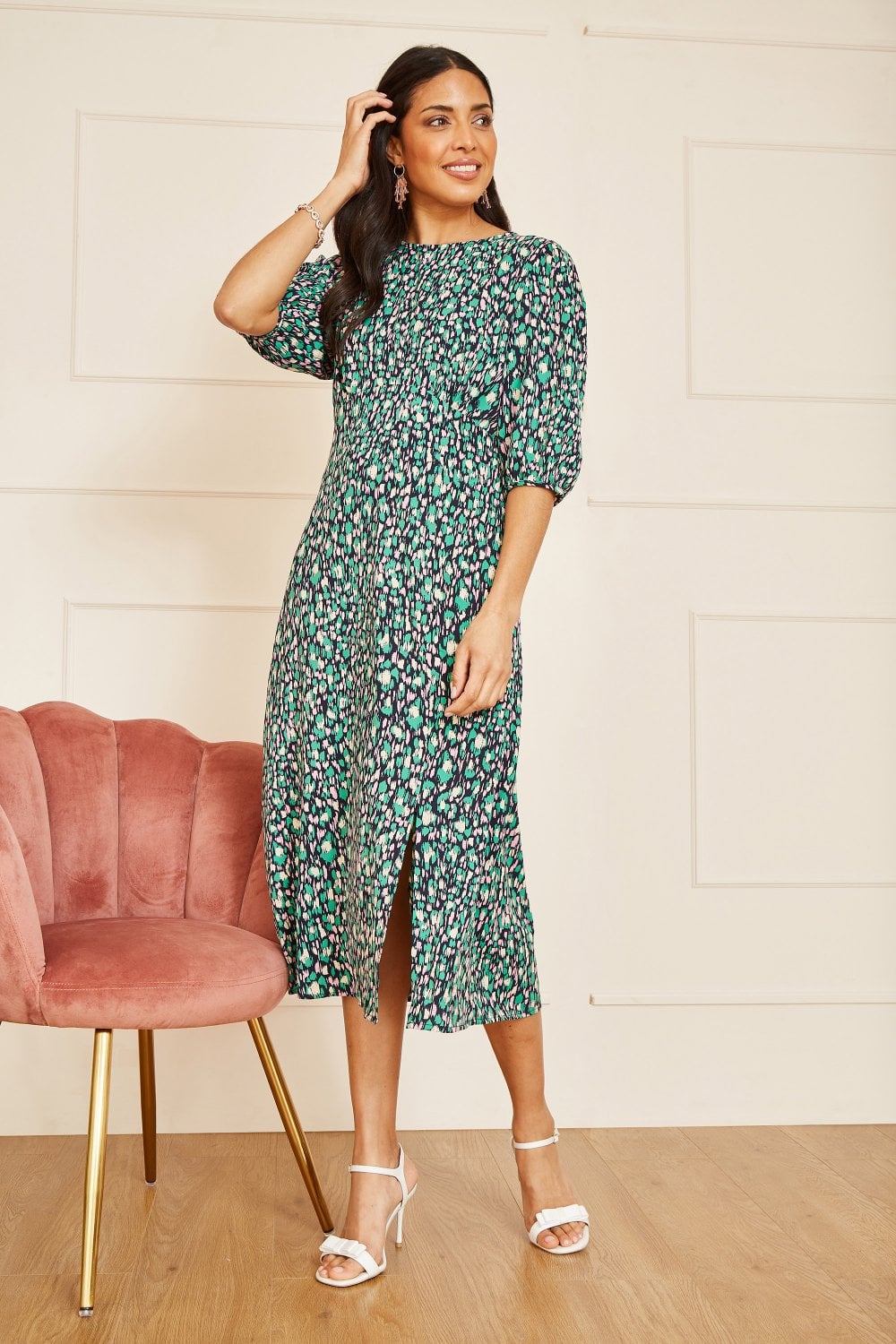 Yumi Green Abstract Animal Print Midi Dress Yumi