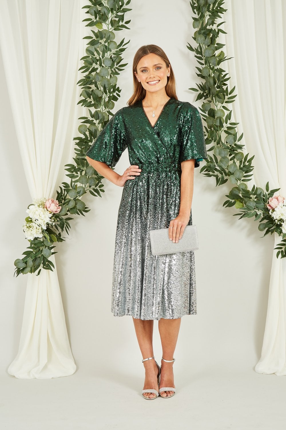 Yumi Green and Silver Ombre Sequin Midi Wrap Dress Yumi