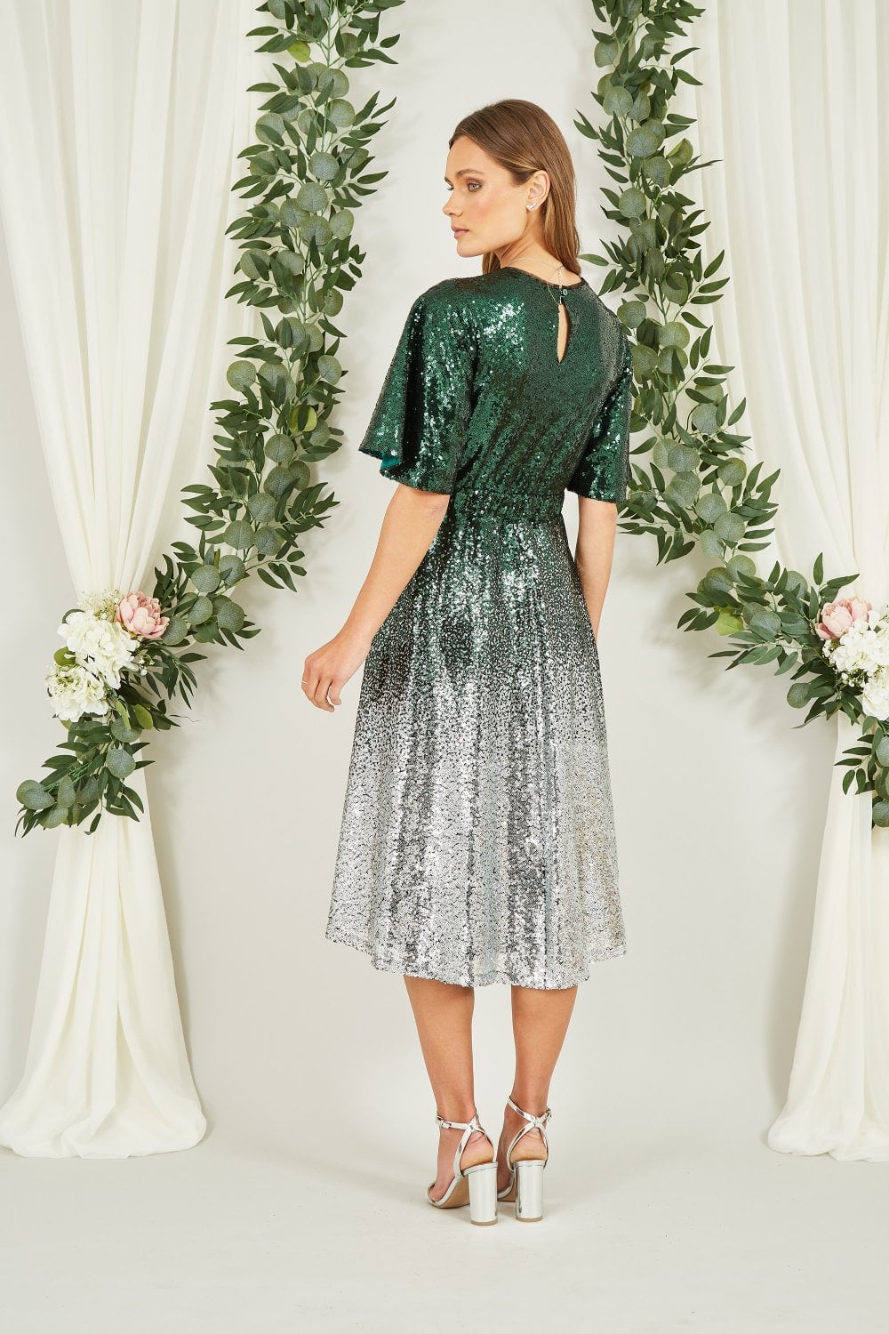 Yumi Green and Silver Ombre Sequin Midi Wrap Dress Yumi