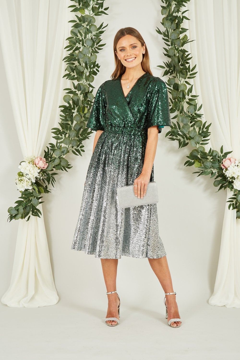 Yumi Green and Silver Ombre Sequin Midi Wrap Dress Yumi