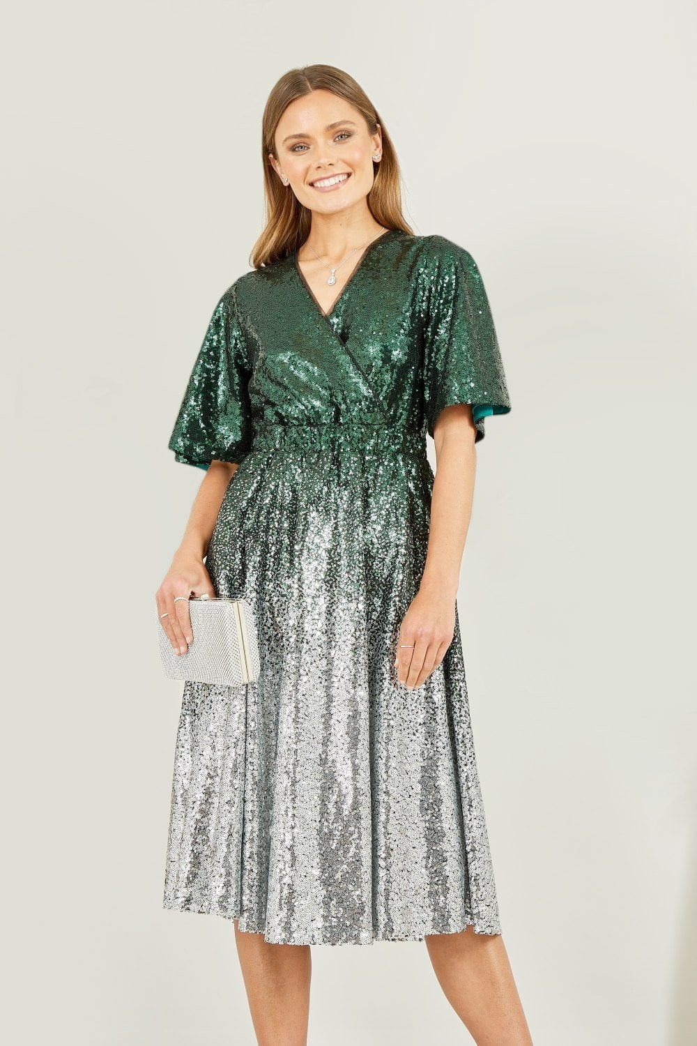 Yumi Green and Silver Ombre Sequin Midi Wrap Dress Yumi