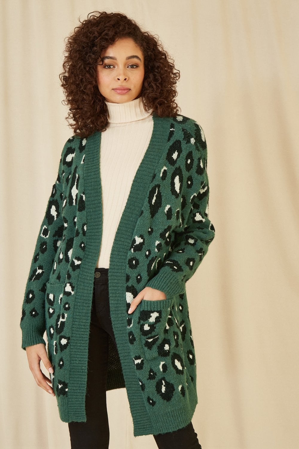 Yumi Green Animal Intarsia Long Cardigan Yumi