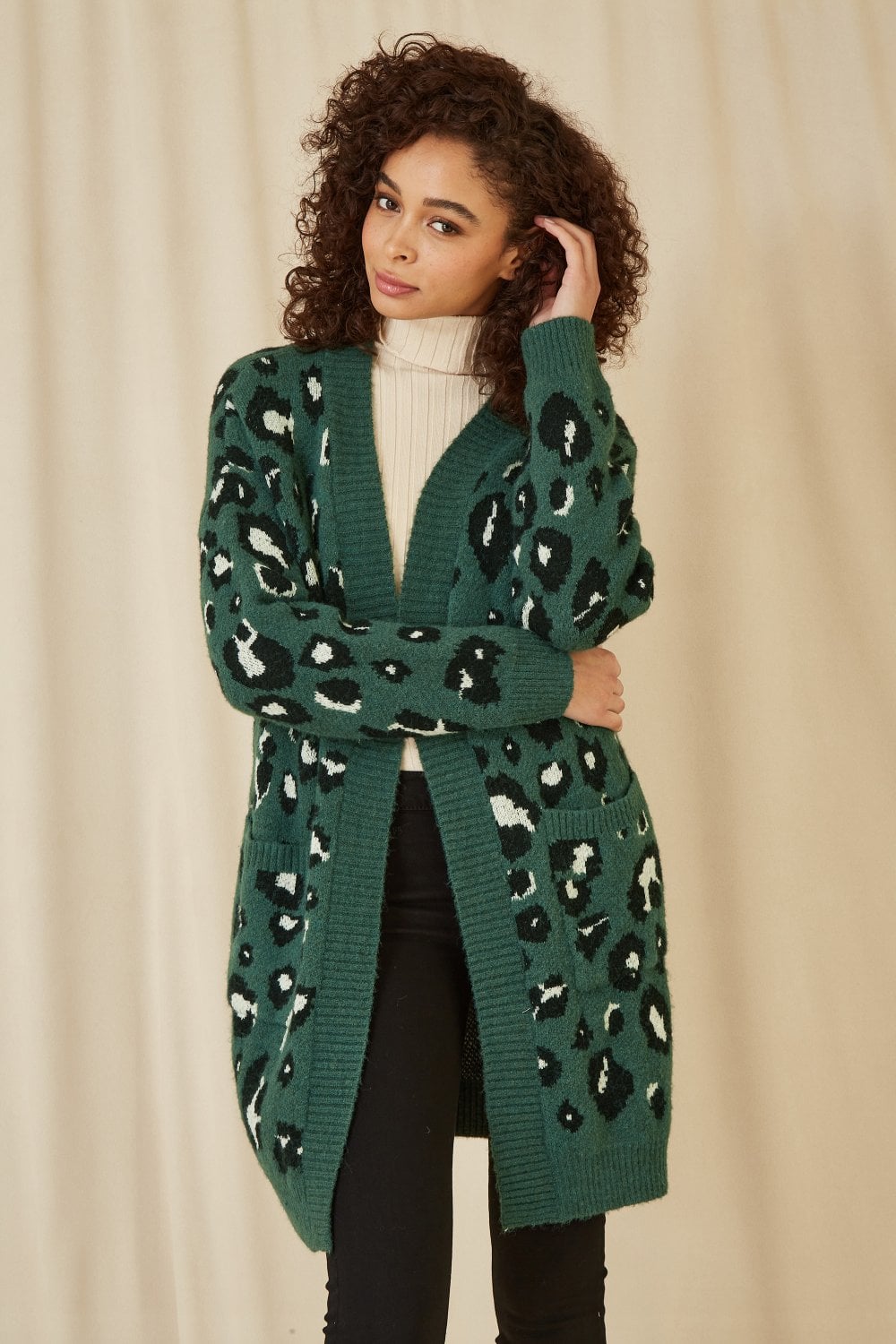 Yumi Green Animal Intarsia Long Cardigan Yumi