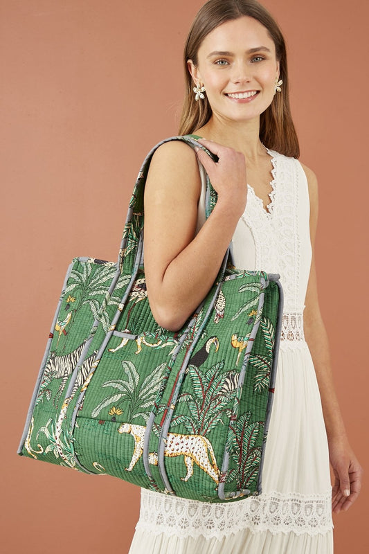 Yumi Green Animal Print Quilted Cotton Bag Yumi