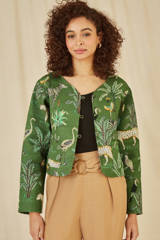 Yumi Green Animal Print Reversible Cotton Cropped Quilted Jacket Yumi