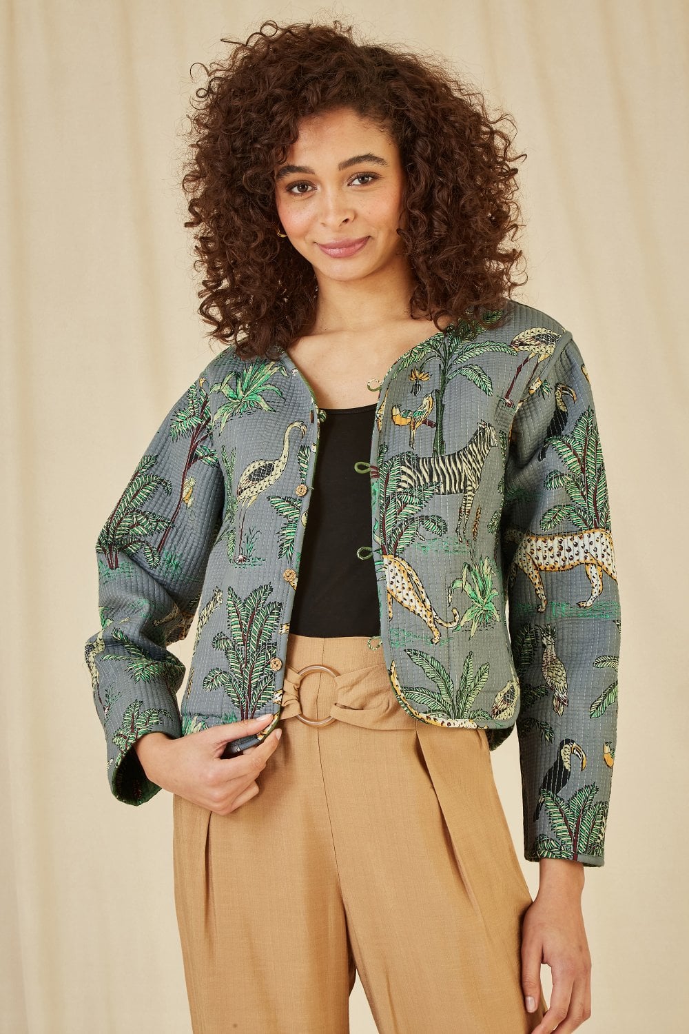 Yumi Green Animal Print Reversible Cotton Cropped Quilted Jacket Yumi