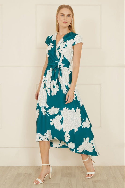 Yumi Green Blossom Print Wrap Midi With Dipped Hem Yumi