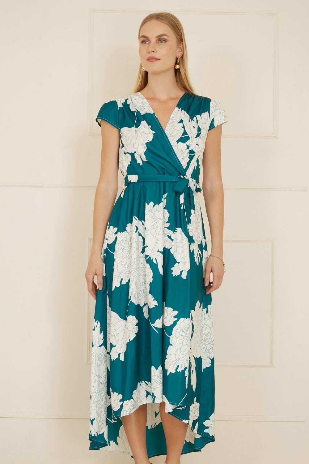 Yumi Green Blossom Print Wrap Midi With Dipped Hem Yumi