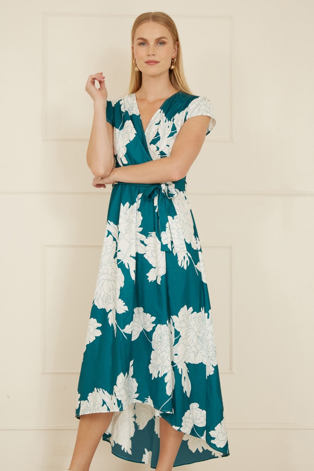 Yumi Green Blossom Print Wrap Midi With Dipped Hem Yumi