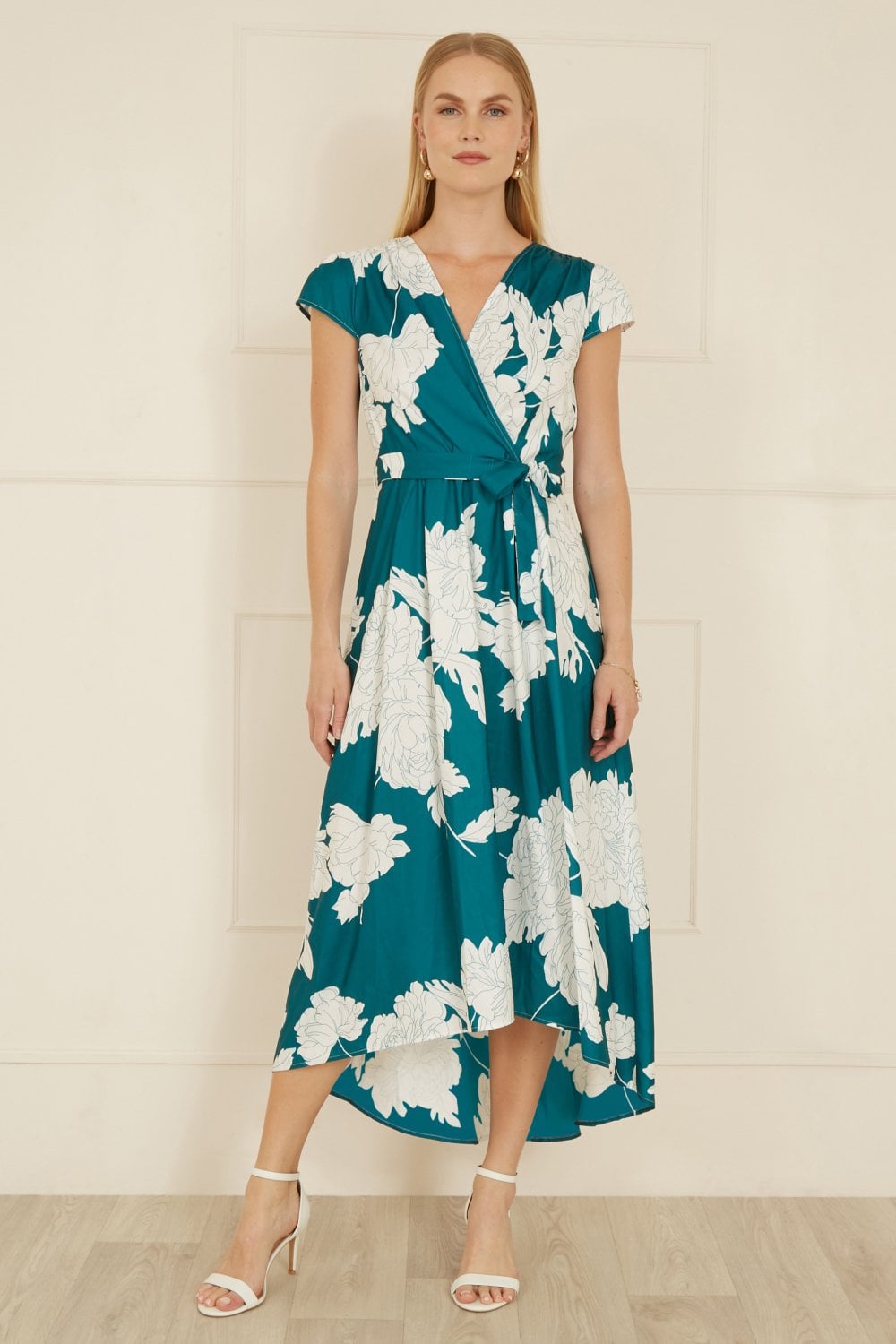 Yumi Green Blossom Print Wrap Midi With Dipped Hem Yumi