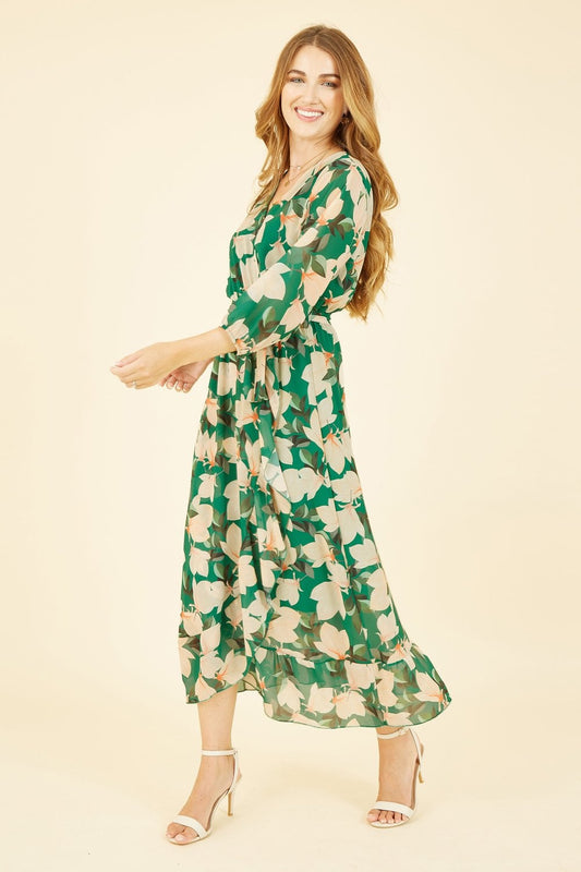 Yumi Green Blossom Wrap Midi Dress With 3/4 Sleeves Yumi