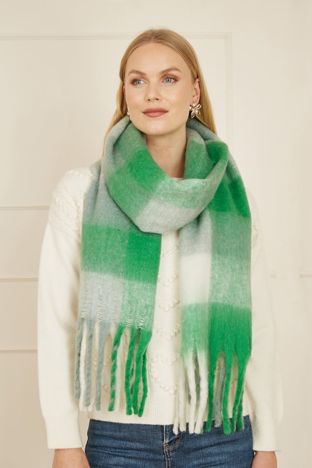 Yumi Green Check Fluffy Scarf Yumi