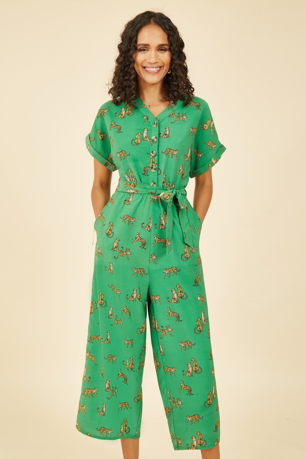 Yumi Recycled Green Cheetah Print Jumpsuit Yumi