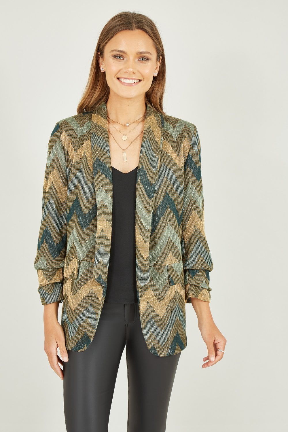 Yumi Green Chevron Relaxed Fit Blazer Yumi