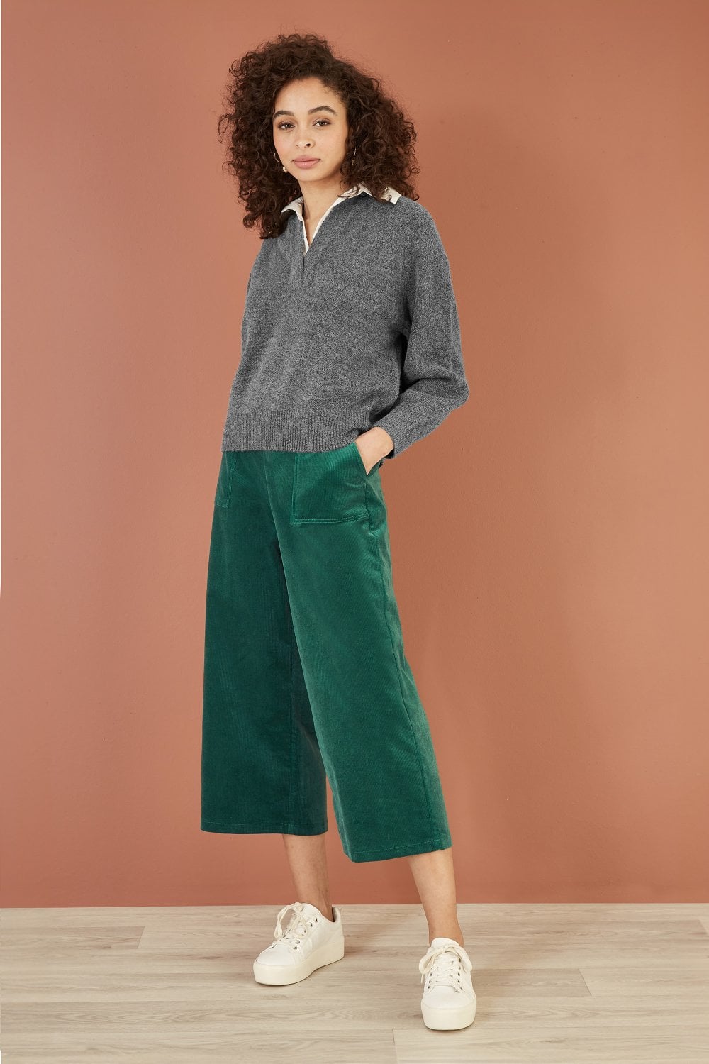 Yumi Green Cord Cropped Wide Leg Trousers With Pockets Yumi