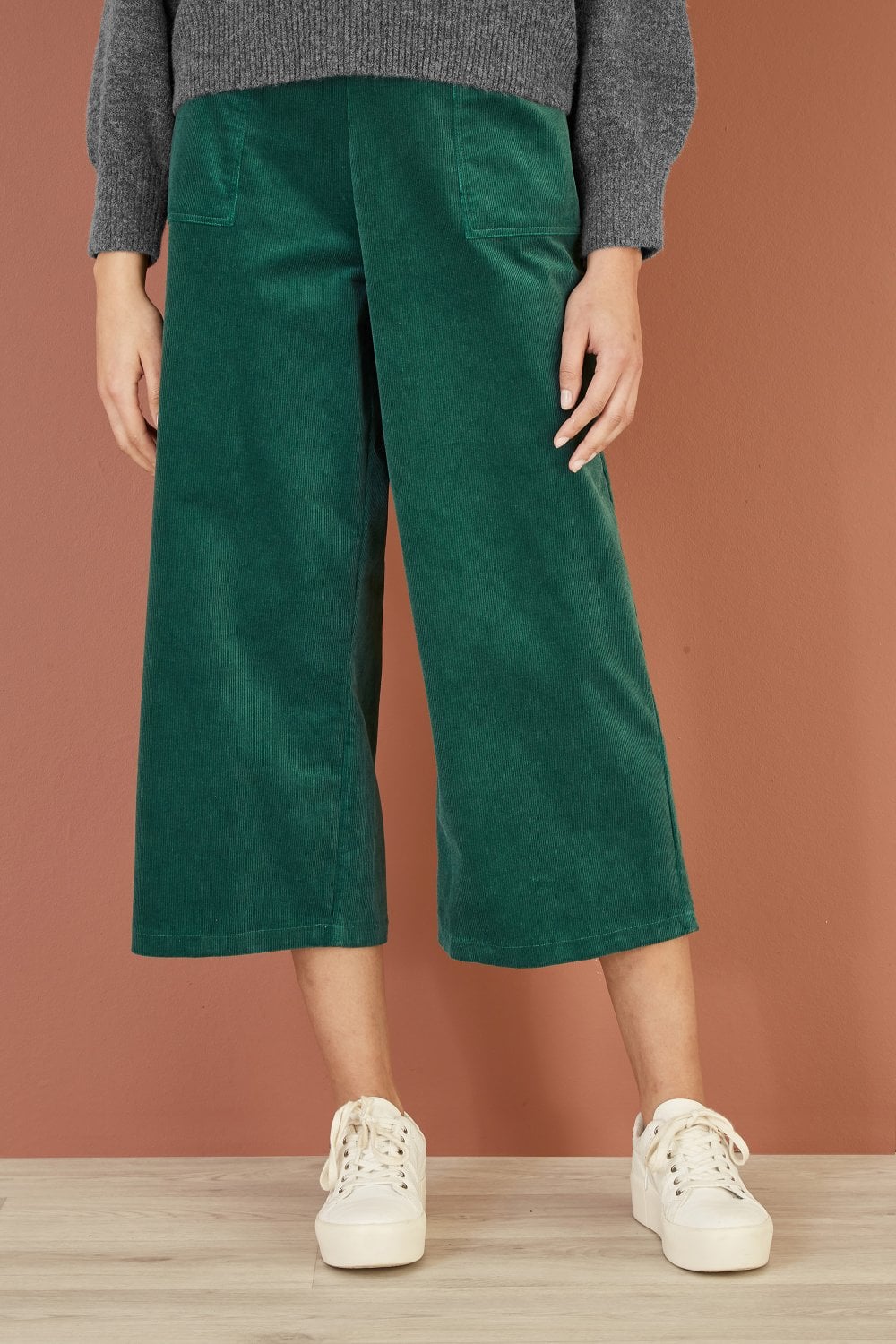 Yumi Green Cord Cropped Wide Leg Trousers With Pockets Yumi