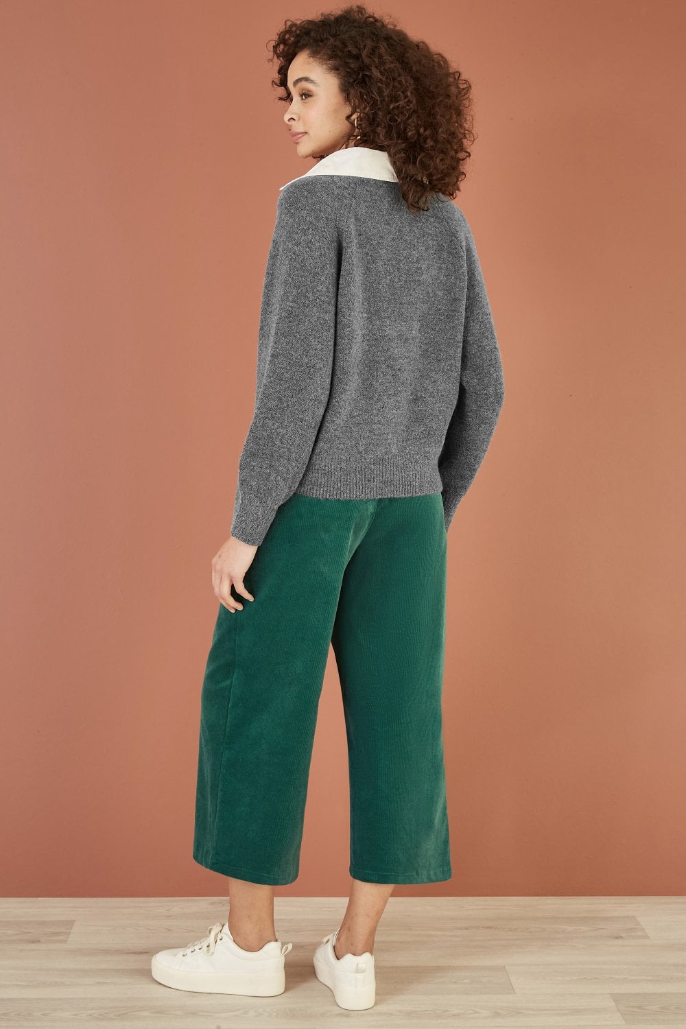 Yumi Green Cord Cropped Wide Leg Trousers With Pockets Yumi