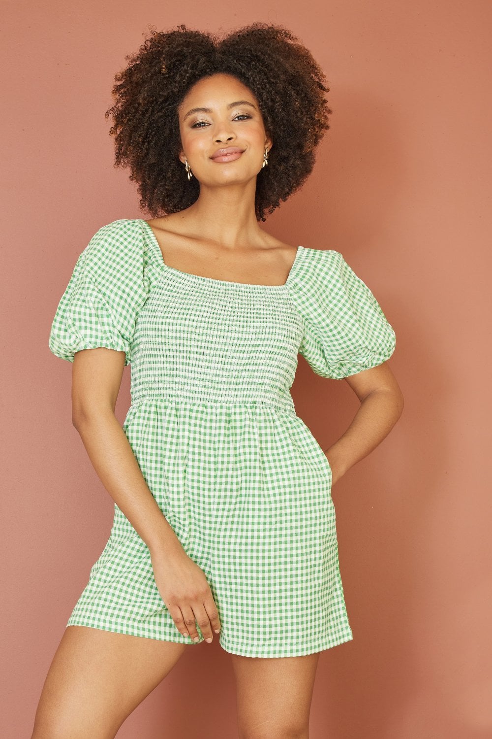 Yumi Green Cotton Gingham Puff Sleeve Playsuit Yumi