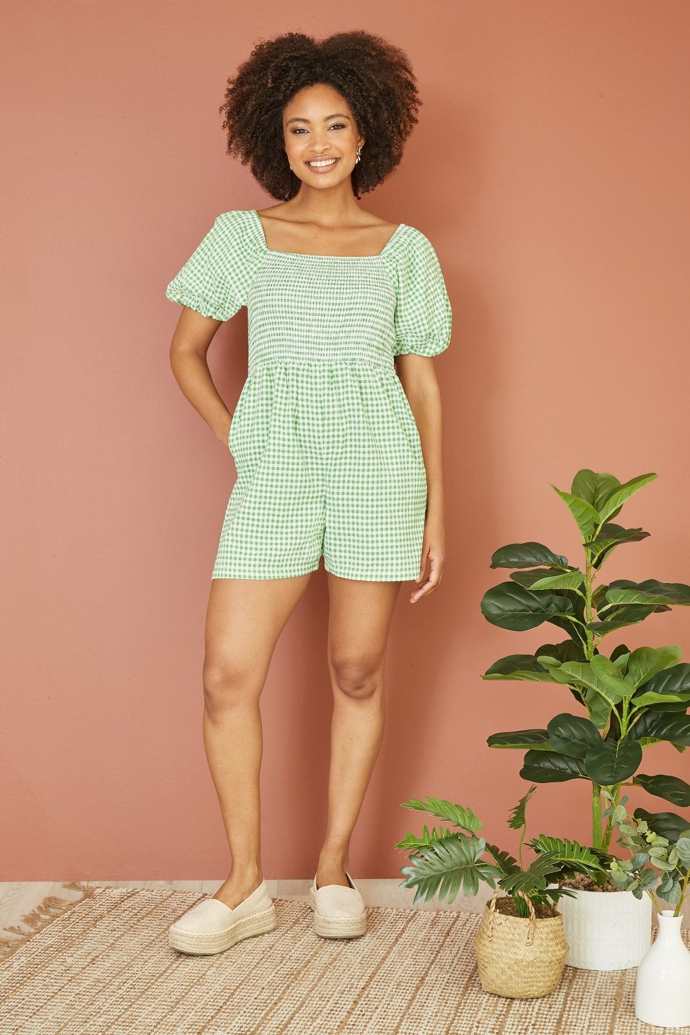 Yumi Green Cotton Gingham Puff Sleeve Playsuit Yumi