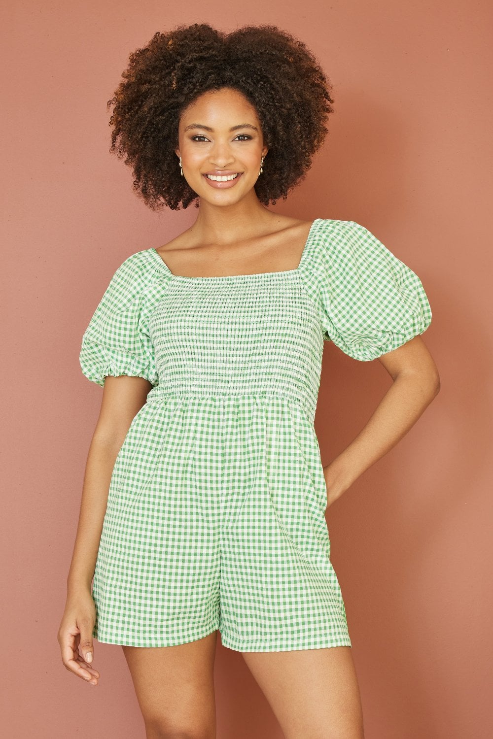 Yumi Green Cotton Gingham Puff Sleeve Playsuit Yumi