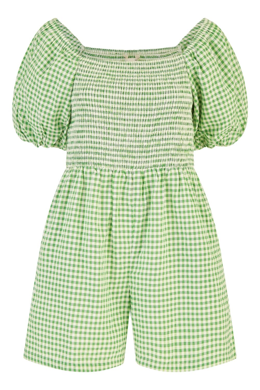 Yumi Green Cotton Gingham Puff Sleeve Playsuit Yumi