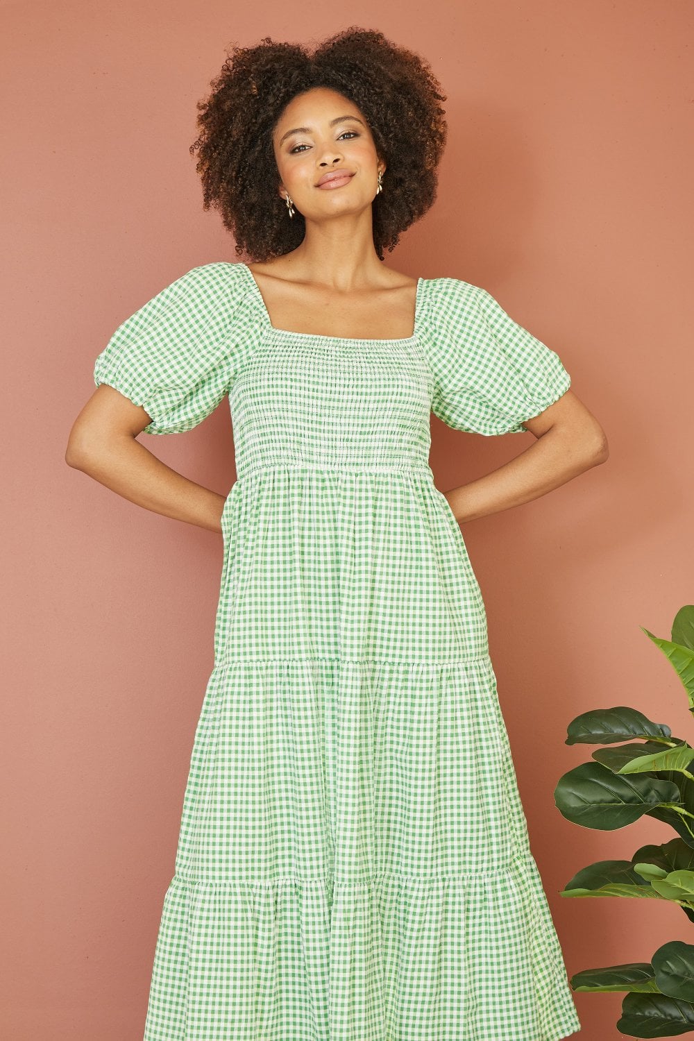 Yumi Green Cotton Gingham Smock Puff Sleeve Midi Dress Yumi