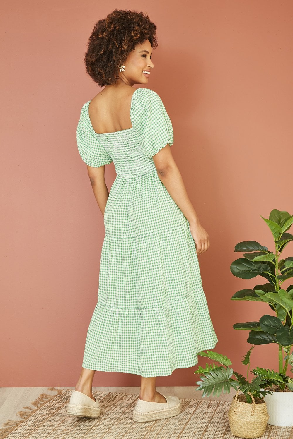 Yumi Green Cotton Gingham Smock Puff Sleeve Midi Dress Yumi