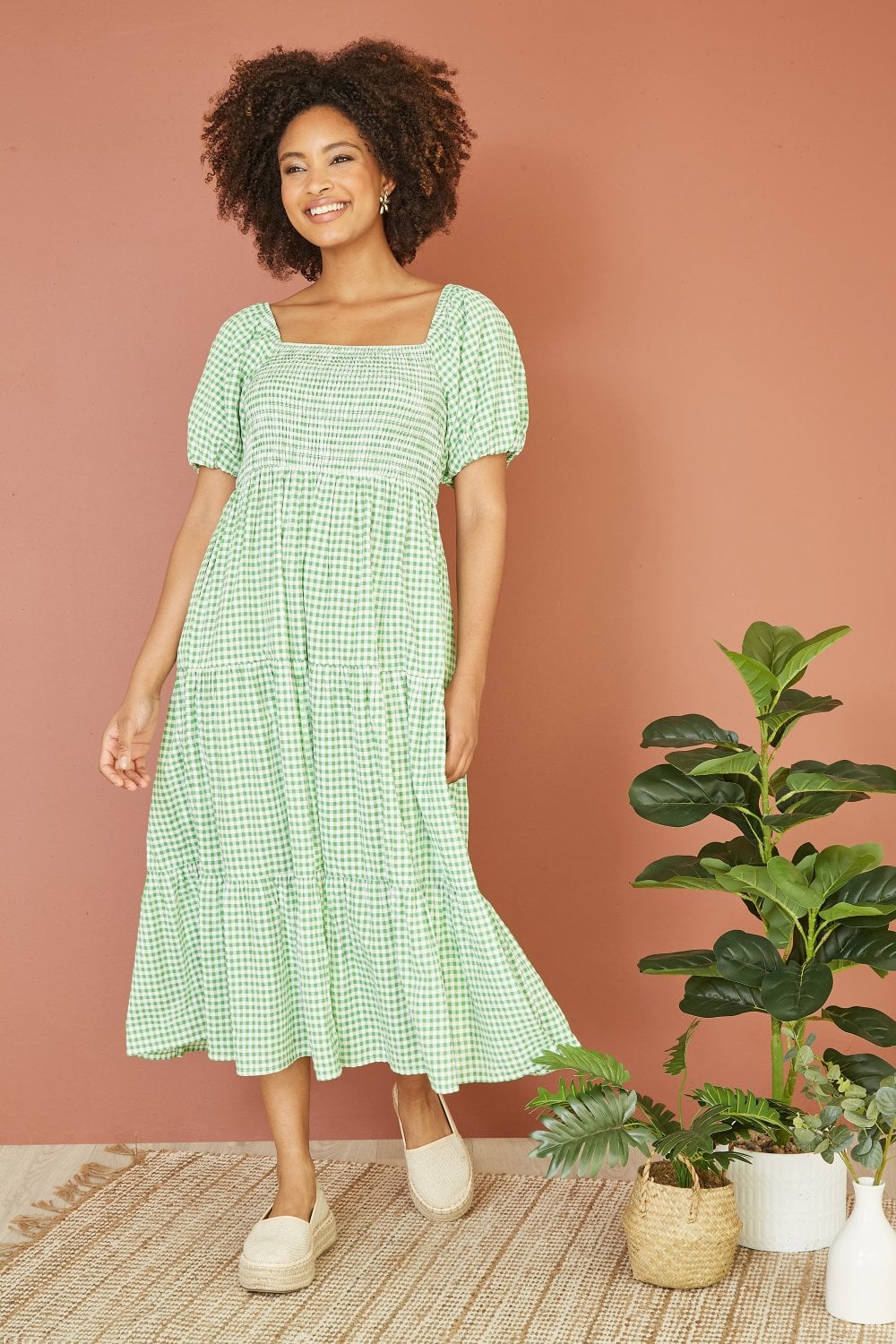 Yumi Green Cotton Gingham Smock Puff Sleeve Midi Dress Yumi